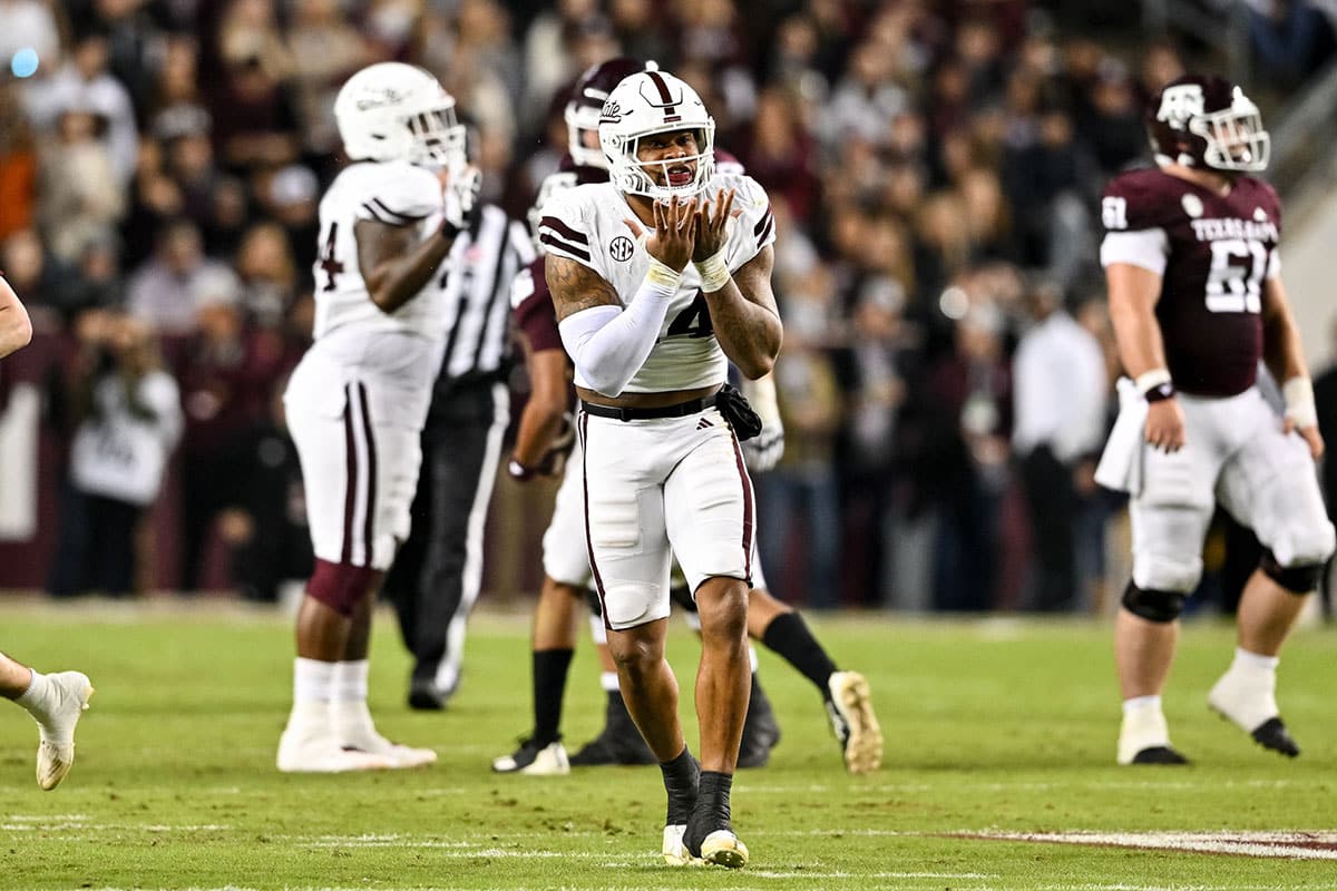Mississippi State Bulldogs linebacker Nathaniel Watson (14) reacts during the first half against the Texas A&M Aggies at Kyle Field. 