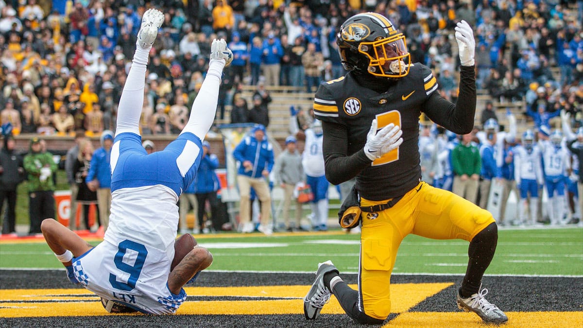 Missouri Tigers defensive back Ennis Rakestraw Jr. (2) reacts in the end zone as Kentucky Wildcats wide receiver Dane Key (6) makes a reception for a touch down during the first quarter at Faurot Field at Memorial Stadium.