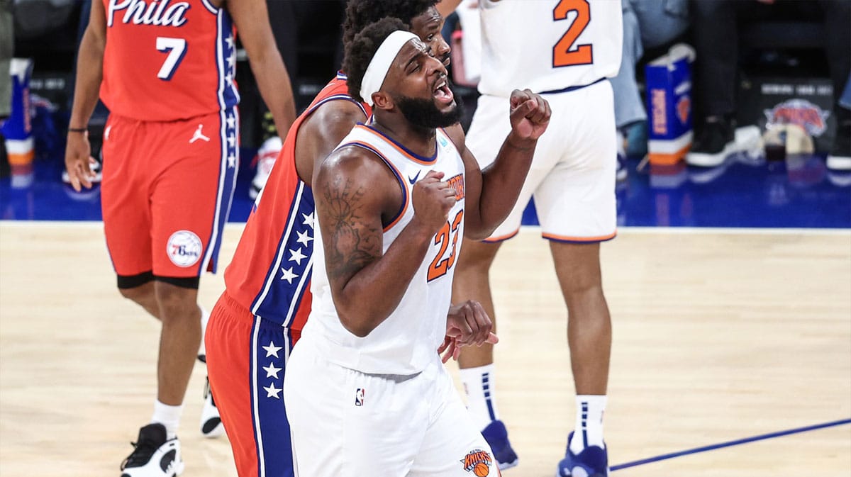 New York Knicks center Mitchell Robinson (23) after being called for a foul in the fourth quarter against the Philadelphia 76ers in game one of the first round for the 2024 NBA playoffs at Madison Square Garden. 