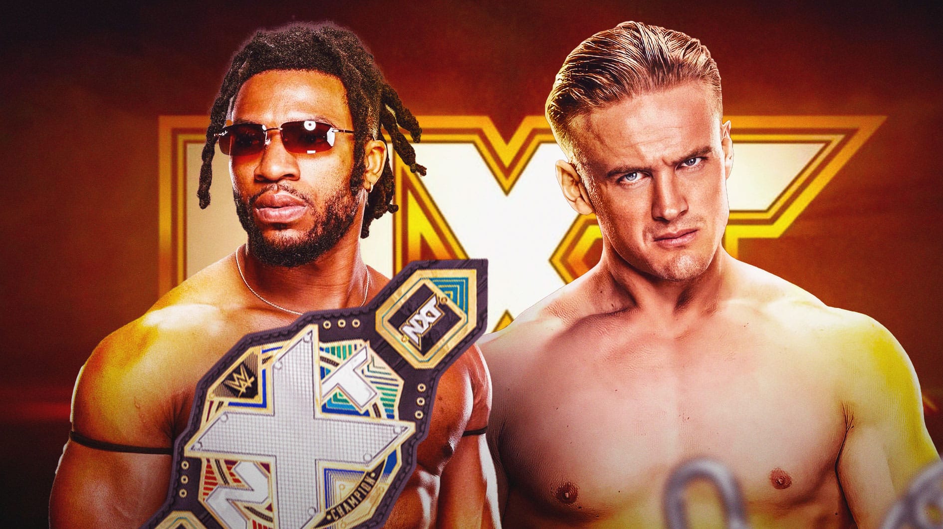 Trick Williams with the NXT Championship belt next to Ilja Dragunov with the NXT logo as the background.