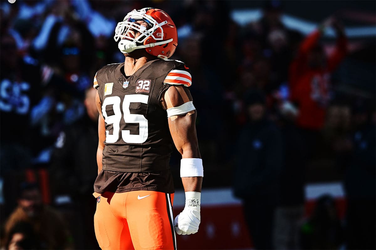 Cleveland Browns defensive end Myles Garrett (95) celebrates after sacking Pittsburgh Steelers quarterback Kenny Pickett (not pictured) during the first quarter at Cleveland Browns Stadium.