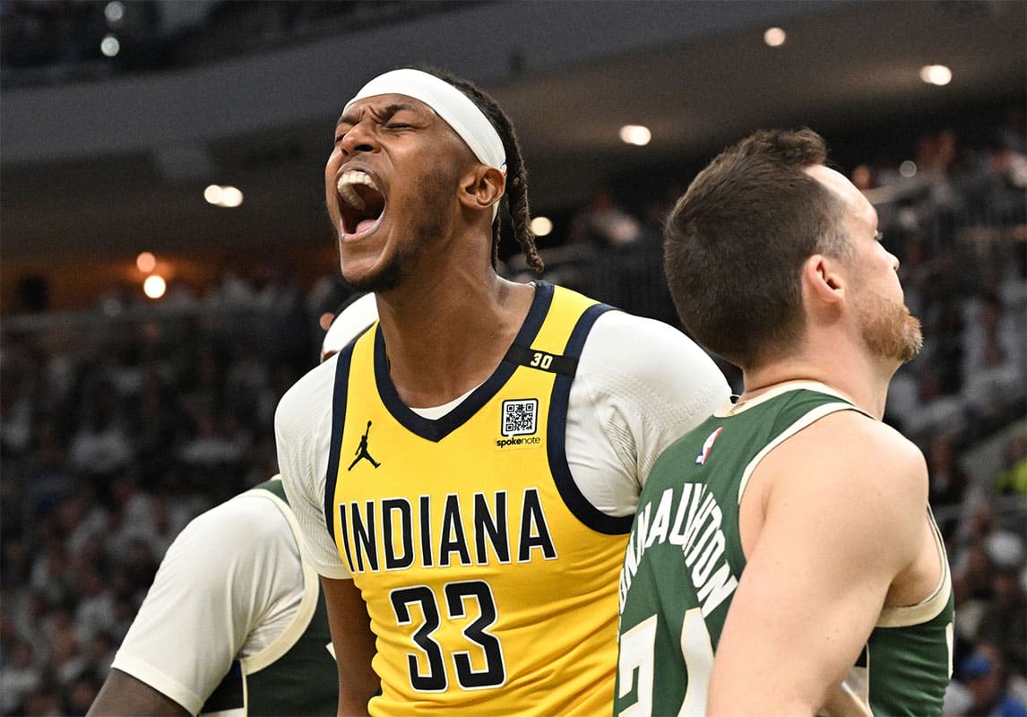 Indiana Pacers center Myles Turner (33) reacts in the second half against the Milwaukee Bucks during game two of the first round for the 2024 NBA playoffs at Fiserv Forum. 
