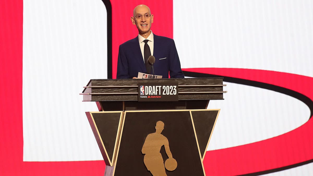 Jun 22, 2023; Brooklyn, NY, USA; NBA commissioner Adam Silver announces Amen Thompson as the fourth selection by the Houston Rockets in the first round of the 2023 NBA Draft at Barclays Arena. Mandatory Credit: Wendell Cruz-USA TODAY Sports