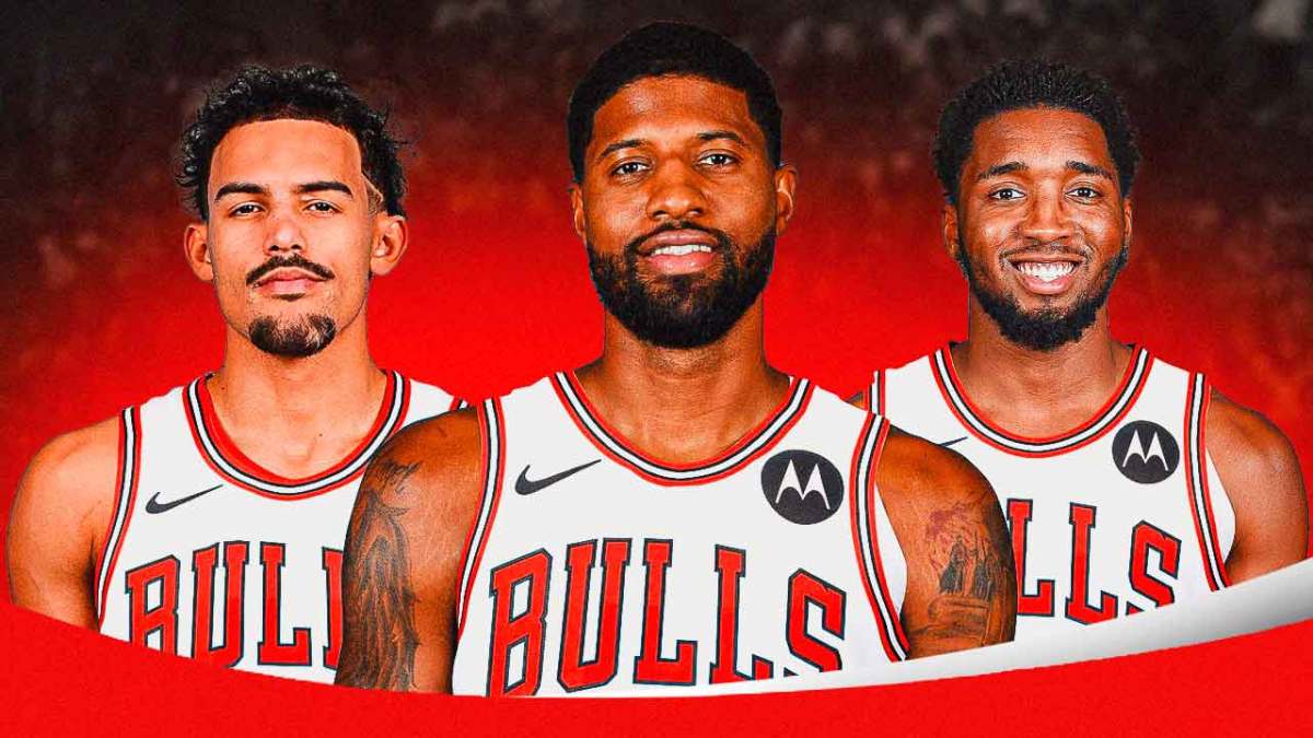 Trae Young, Paul George, and Donovan Mitchell in Bulls uniforms