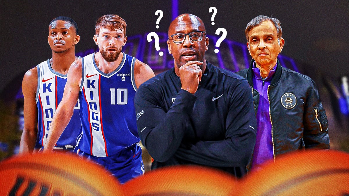 KIngs; Mike Brown with question marks next to Vivek Ranadive, De'Aaron Fox and Domantas Sabonis
