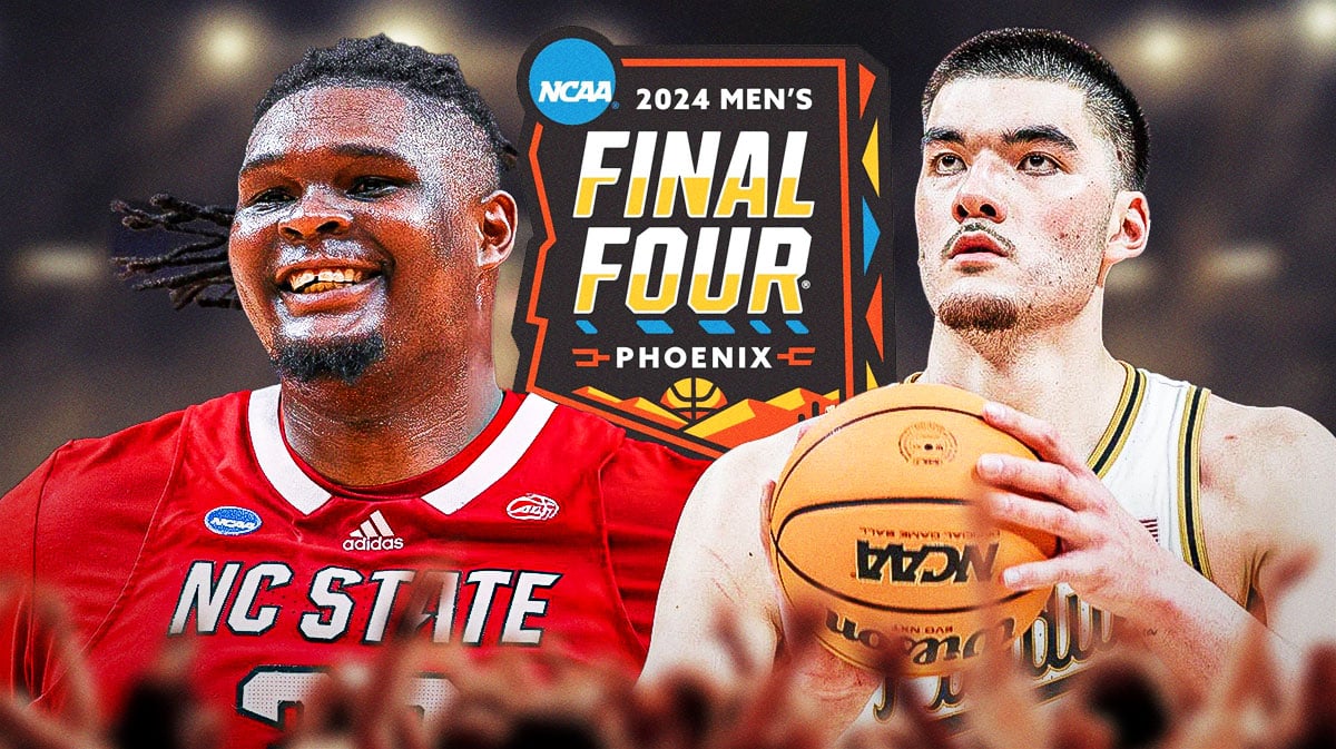 NC State basketball, Purdue basketball, DJ Burns, Zach Edey, Final Four, DJ Burns and Zach Edey with 2024 men's final four logo in the background