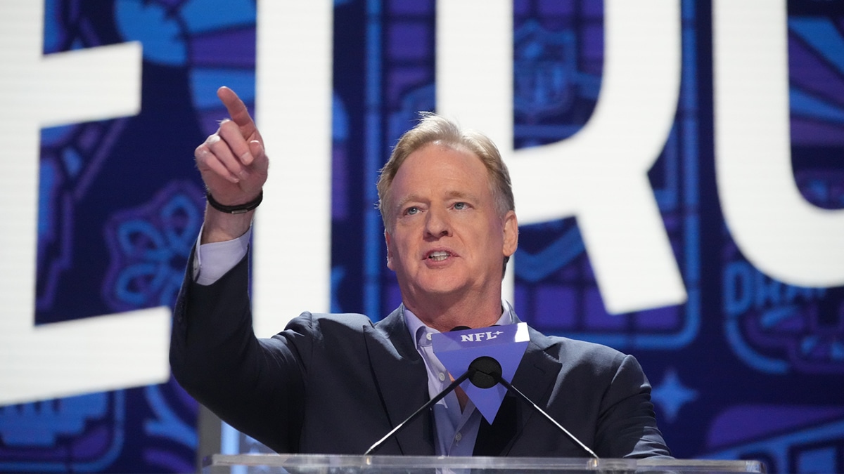 Apr 25, 2024; Detroit, MI, USA; NFL Commissioner Roger Goodell addresses the crowd during the 2024 NFL Draft at Campus Martius Park and Hart Plaza. Mandatory Credit: Kirby Lee-USA TODAY Sports