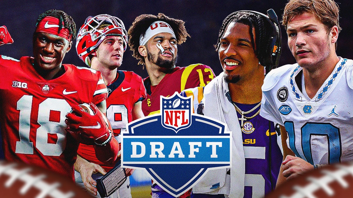 Caleb Williams, Drake Maye, Jayden Daniels, Marvin Harrison Jr., Brock Bowers all together. NFL Draft logo in front of them.