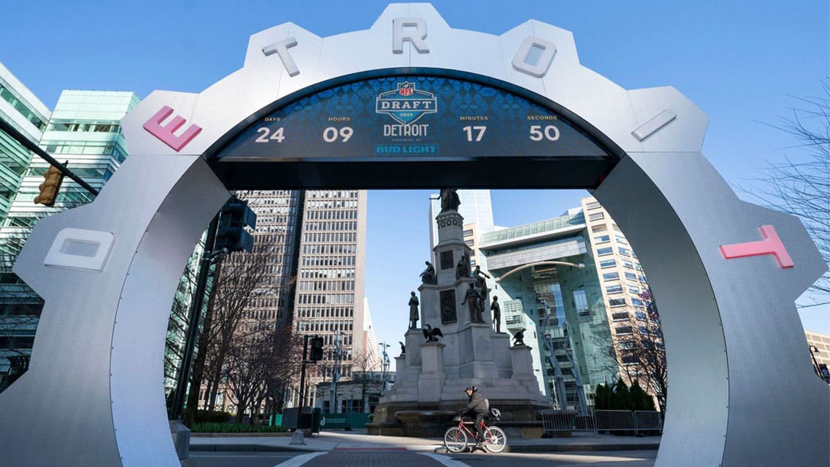 The NFL Draft countdown clock in Campus Martius in Detroit is counting down the days as the NFL Draft stage set up has begun near Cadillac Square and Campus Martius in Detroit