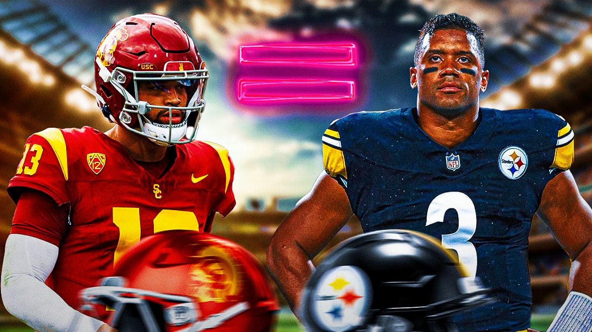 USC quarterback Caleb Williams on the left side of the image, Pittsburgh Steelers QB Russell Wilson on the right side of the image. There is an equals sign between them.