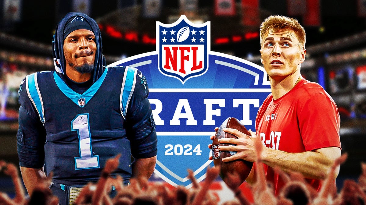 In the middle of the picture is the logo for the 2024 NFL Draft. On one side is Oregon QB Bo Nix and on the other side is former Carolina Panthers QB Cam Newton.