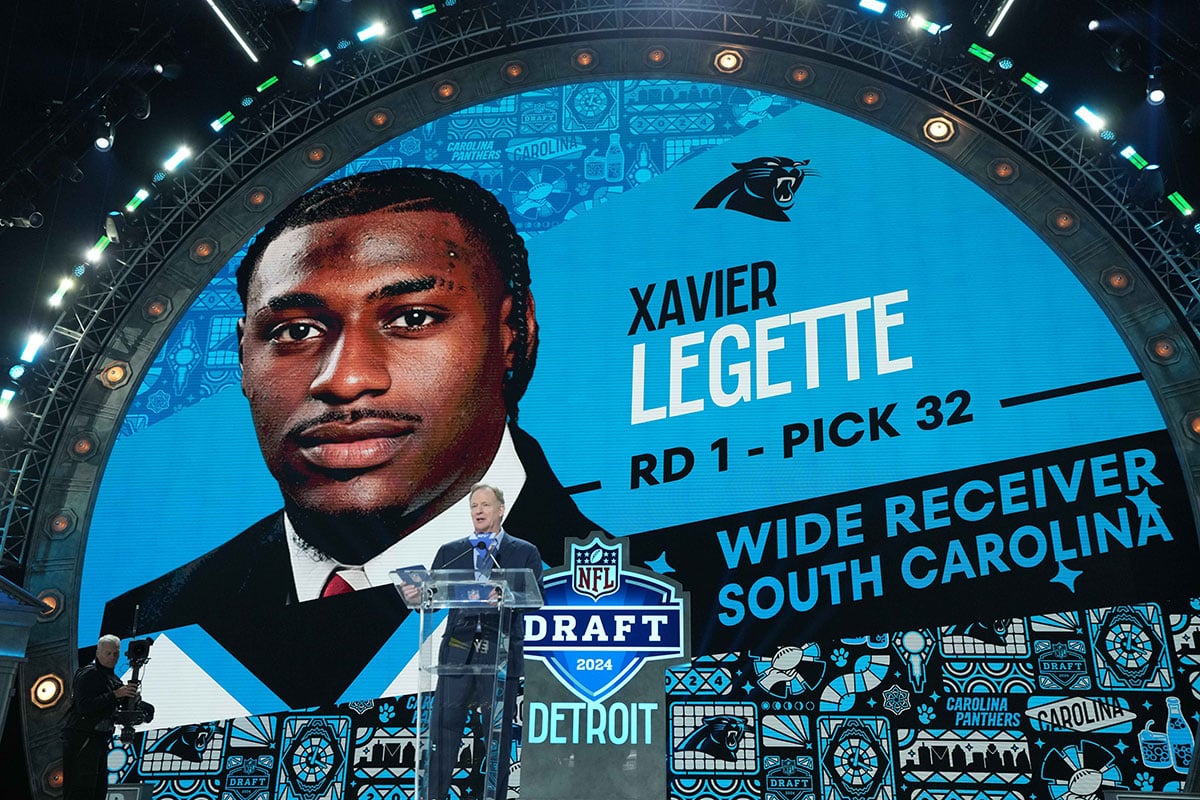 NFL commissioner Roger Goodell announces South Carolina Gamecocks receiver Xavier Legette as the No. 32 pick of the first round by the Carolina Panthers during the 2024 NFL Draft