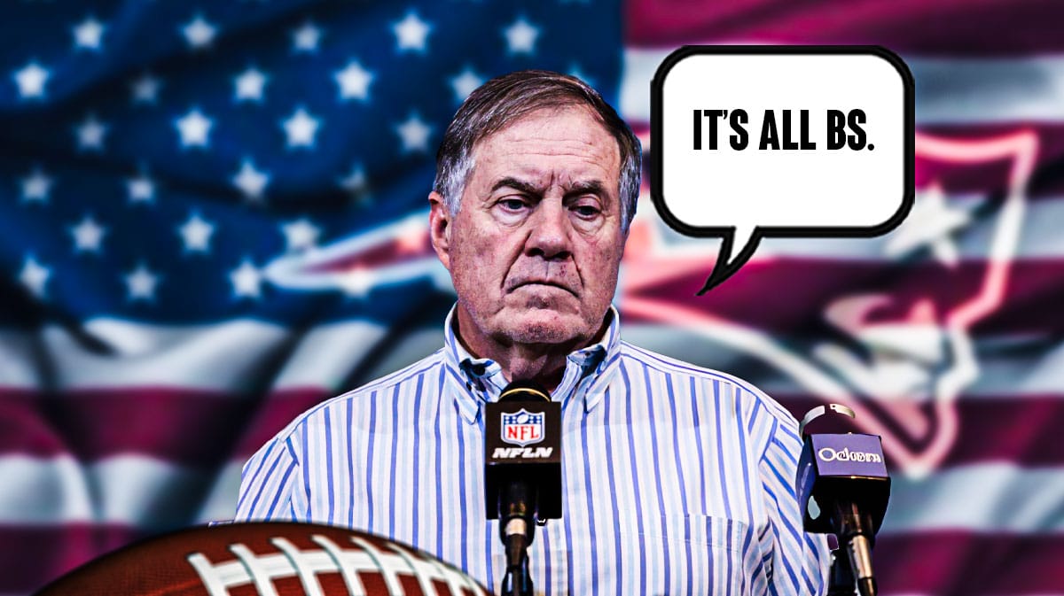 Former New England Patriots head coach Bill Belichick with a speech bubble that reads “It’s all BS.”