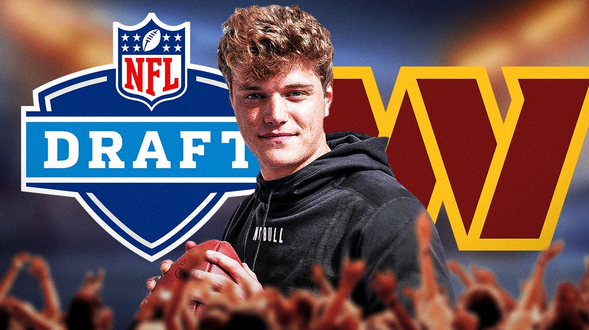 Michigan football quarterback JJ McCarthy next to the NFL Draft logo and Washington Commanders logo