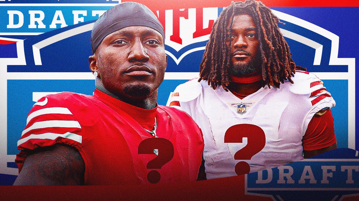 Brandon Aiyuk and Deebo Samuel with blank jerseys and question mark in the middle of both jerseys. NFL Draft logo in the background