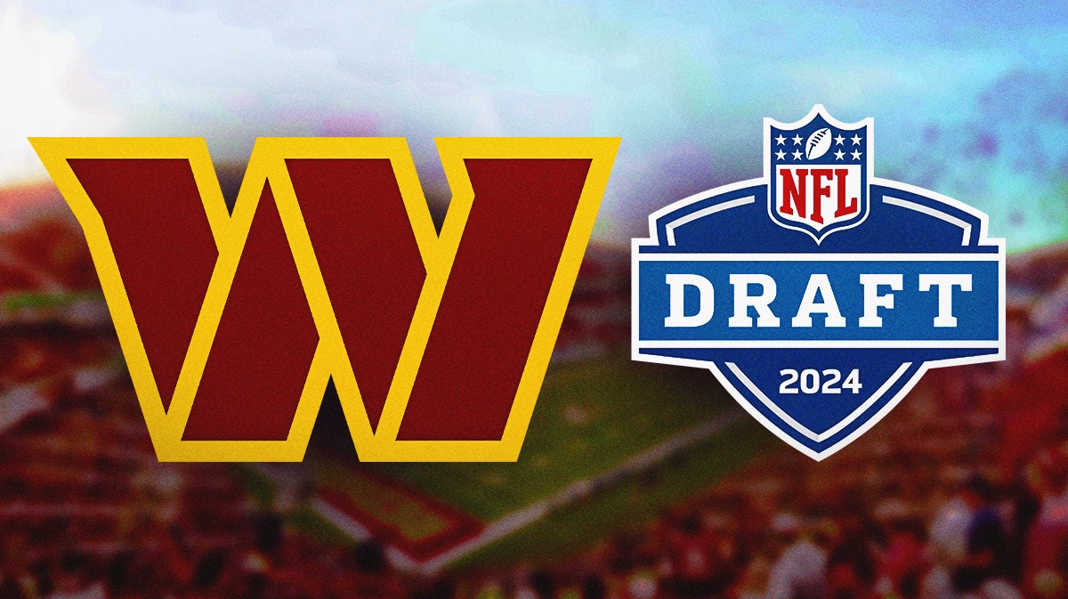 Commanders logo sits next to 2024 NFL Draft logo while trade reporters sit in stands