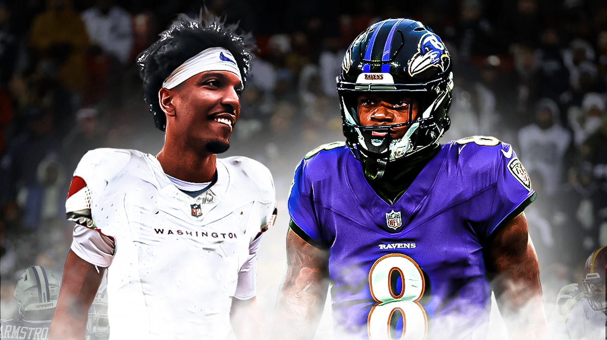 Photo: Jayden Daniels in Commanders jersey in action, Lamar Jackson in Ravens jersey beside him