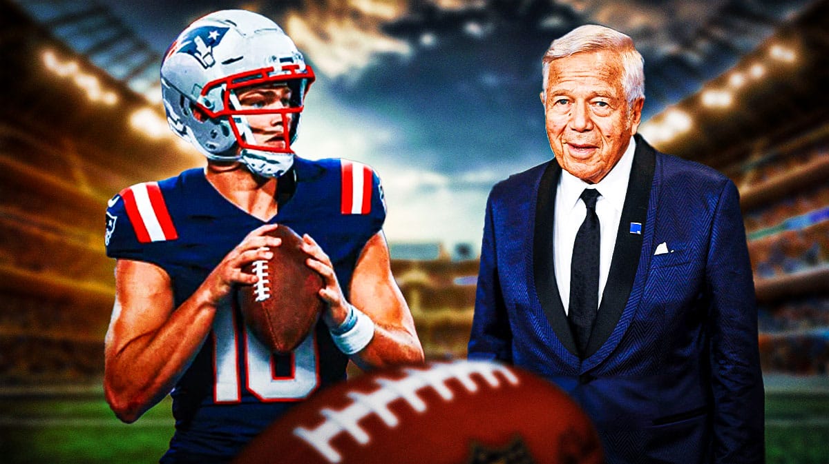 Drake Maye with Patriots gear, Robert Kraft.