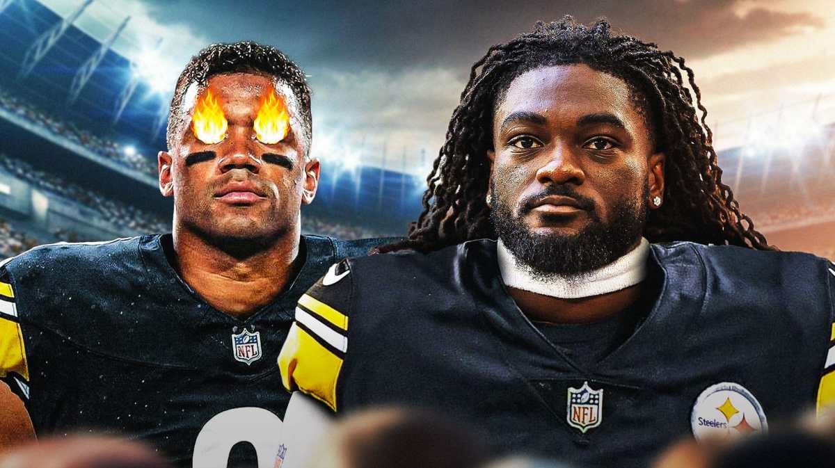 Russell Wilson in Steelers jersey with fire in his eyes. Brandon Aiyuk in Steelers jersey as well