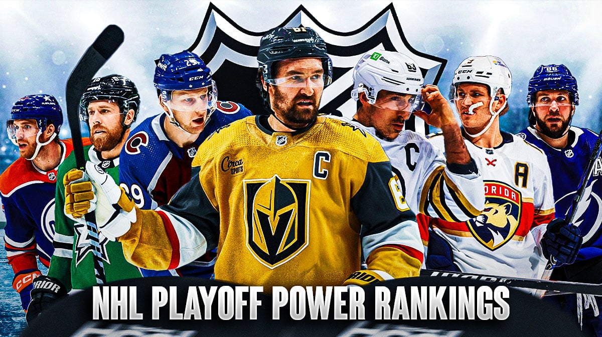 A picture of Mark Stone in middle hoisting the Stanley Cup, three players on each side of him looking at him (on left Nathan MacKinnon, Joe Pavelski and Connor McDavid), on right Nikita Kucherov, Matthew Tkachuk and Brad Marchand, NHL logo, hockey rink in background