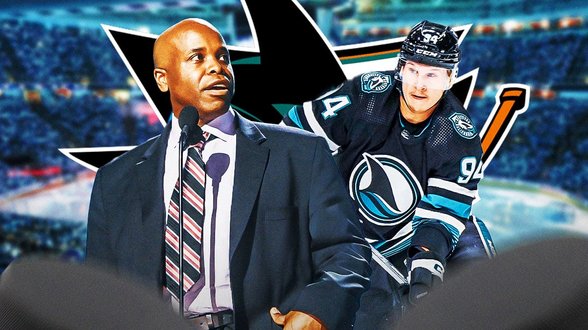 Alexander Barabanov in image looking stern, Sharks GM Mike Grier in image looking stern, San Jose Sharks logo, hockey rink in background