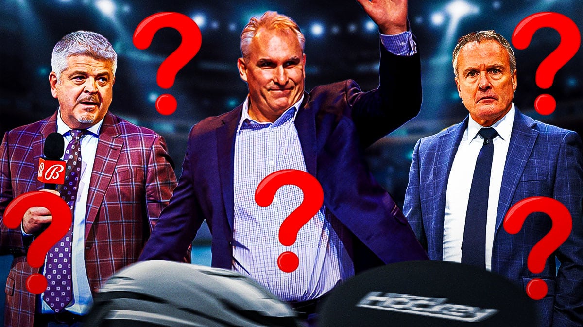 Craig Berube in middle, Dean Evason and Todd McLellan on either side, 3-5 question marks, Ottawa Senators logo, hockey rink in background