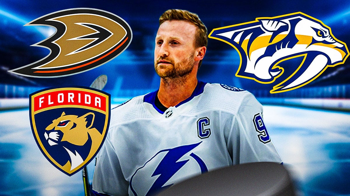 Photo: Steven Stamkos in Lightning jersey, have Anaheim Ducks, Nashville Predators, and Florida Panthers logos behind him