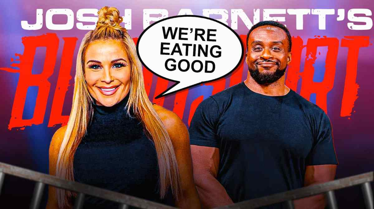 Natalya with a text bubble reading "We’re eating good" next to Big E with the Josh Barnett's Bloodsport logo as the background.