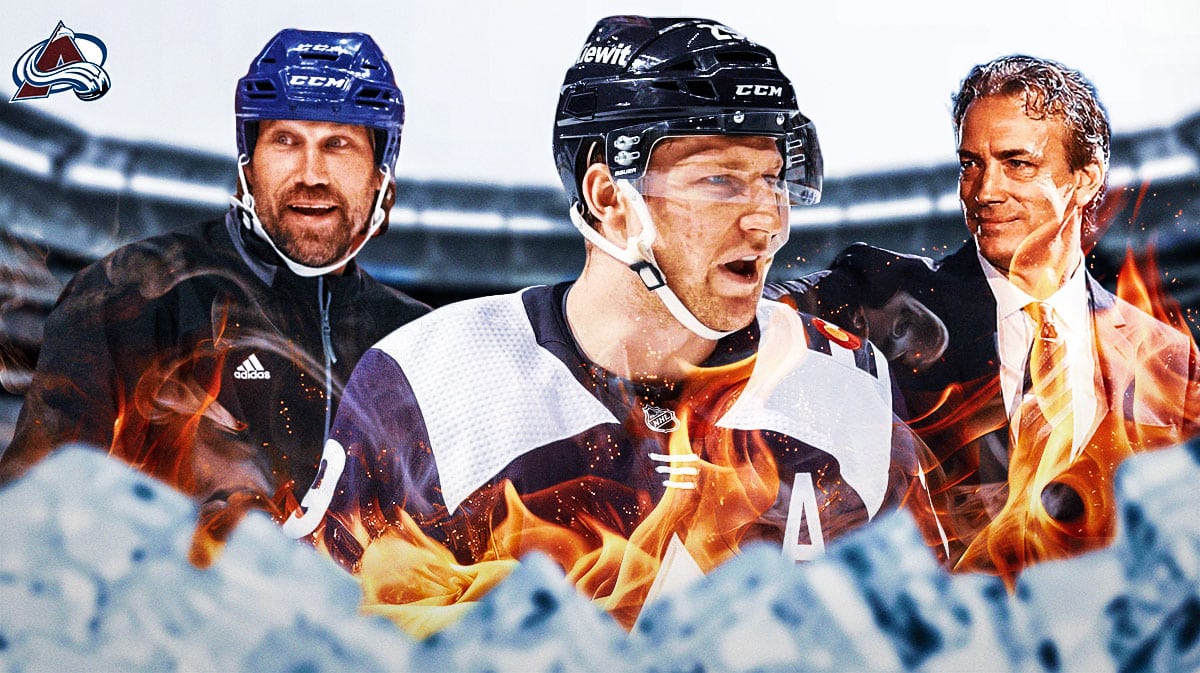 Nathan MacKinnon in middle of image looking happy with fire around him, Joe Sakic and Peter Forsberg on either side looking impressed, COL Avalanche logo, hockey rink in background