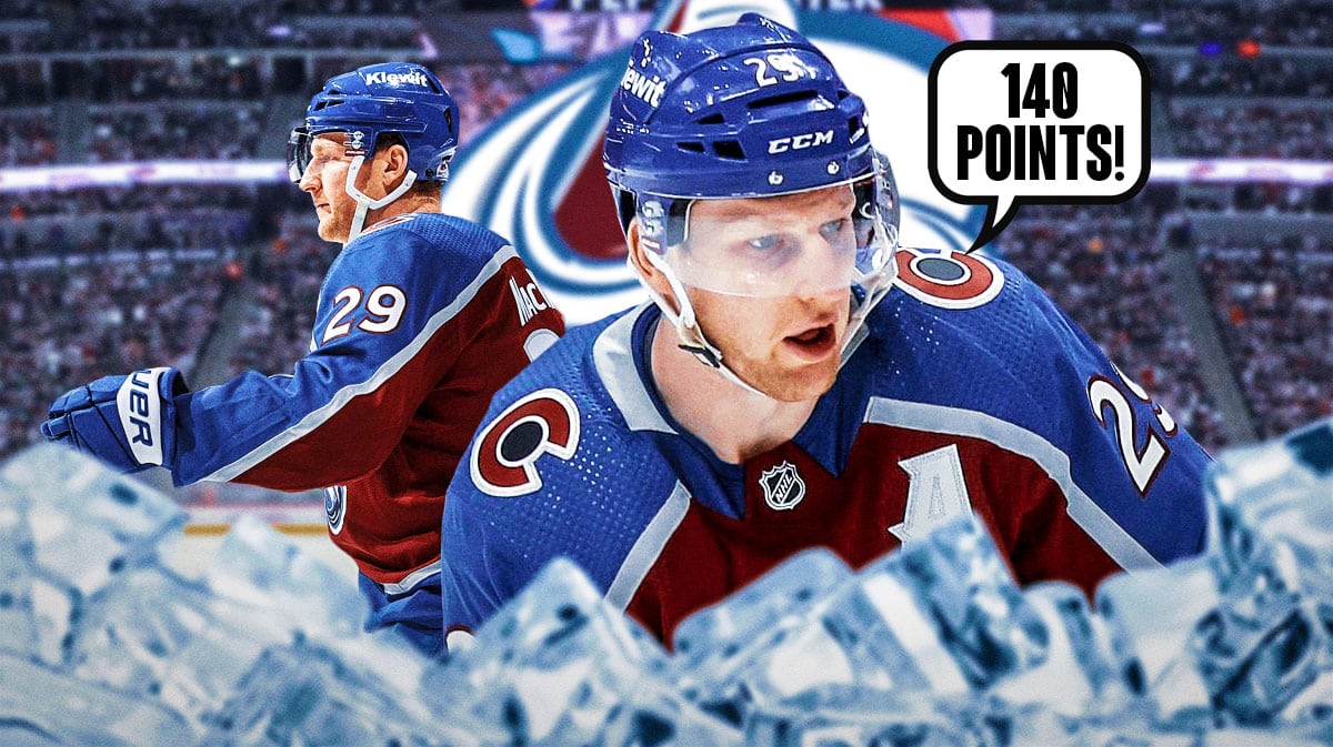 Colorado Avalanche center Nathan MacKinnon with a speech bubble that says “140 points!” next to a logo of the Colorado Avalanche
