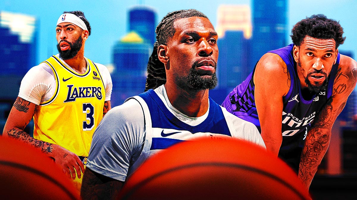 Timberwolves' Naz Reid front and center, highlighted if possible. Anthony Davis on the left and Malik Monk on the right.