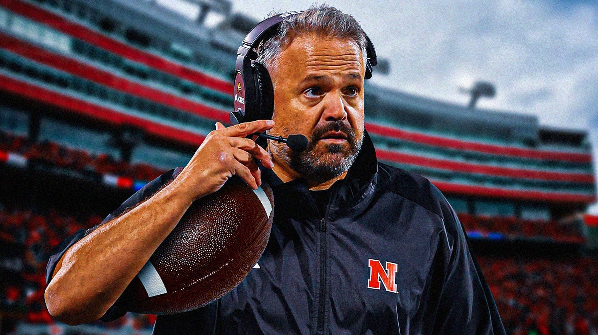 Nebraska football, Cornhuskers, Matt Rhule, Nebraska spring game, spring football, Matt Rhule with Nebraska football stadium in the background
