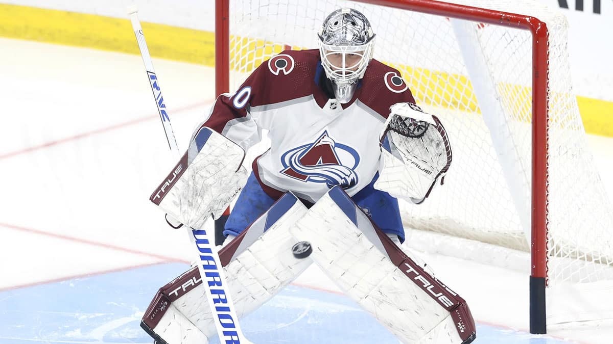 Colorado Avalanche goaltender Alexandar Georgiev (40) warms up before a game against the Winnipeg Jets in game one of the first round of the 2024 Stanley Cup Playoffs at Canada Life Centre.