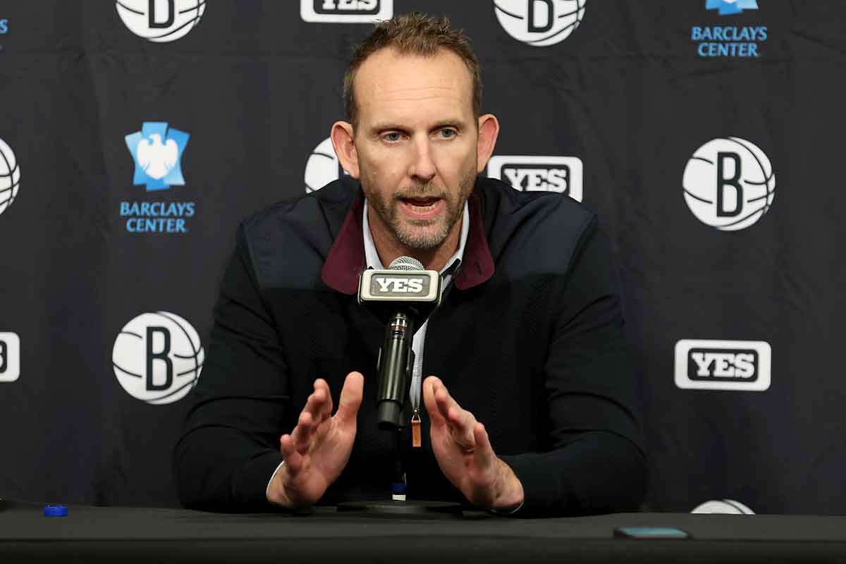Brooklyn Nets general manager Sean Marks speaks during a press conference before a game against the New York Knicks at Barclays Center.