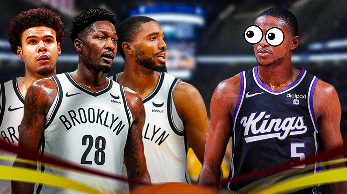 Nets' Dorian Finney-Smith, Cam Johnson, Mikal Bridges with Kings star De'Aaron Fox looking at them with big cartoon eyes