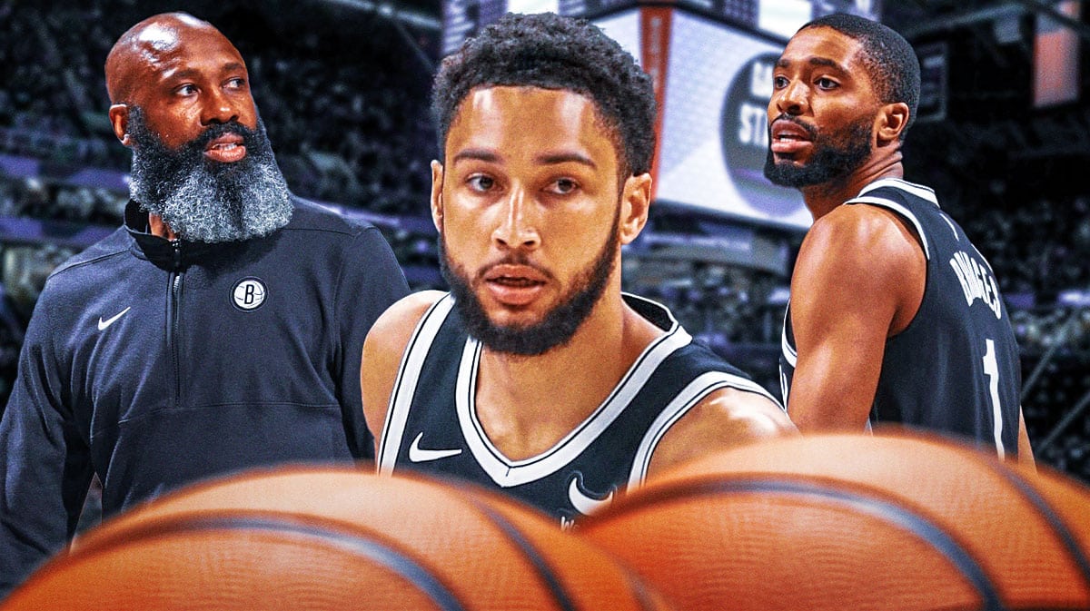 Nets' Ben Simmons, Jacque Vaughn, and Mikal Brides stand next to each other during season