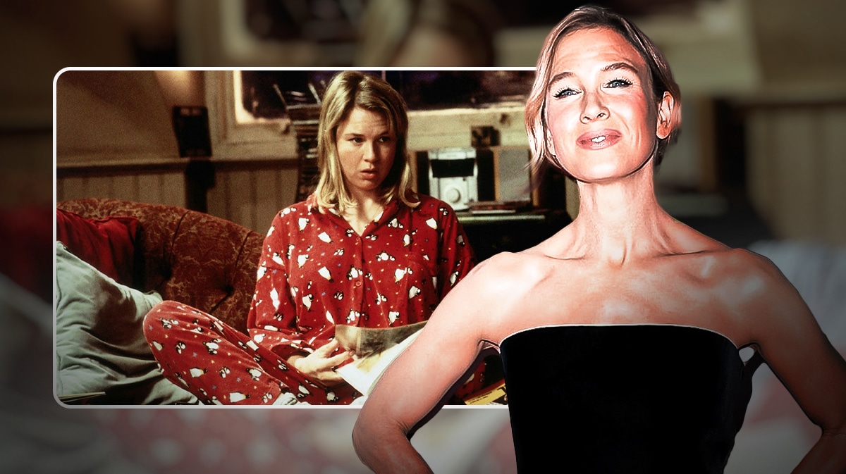 Renée Zellweger and scene from Bridget Jones Diary.