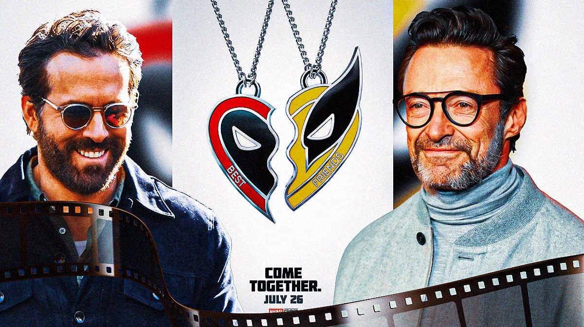 Ryan Reynolds and Hugh Jackman with Deadpool 3 (Deadpool and Wolverine) poster.