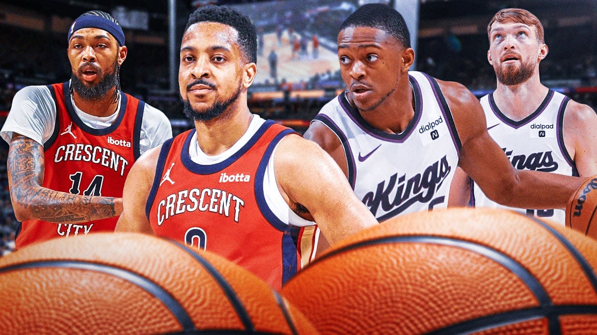 CJ McCollum and Brandon Ingram on one side, De'Aaron Fox and Domantas Sabonis on the other side