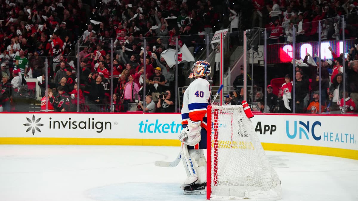 Apr 22, 2024; Raleigh, North Carolina, USA; New York Islanders goaltender Semyon Varlamov (40) looks up after a goal by Carolina Hurricanes left wing Jordan Martinook (48) (not shown) during the third period in game two of the first round of the 2024 Stanley Cup Playoffs at PNC Arena. Mandatory Credit: James Guillory-USA TODAY Sports