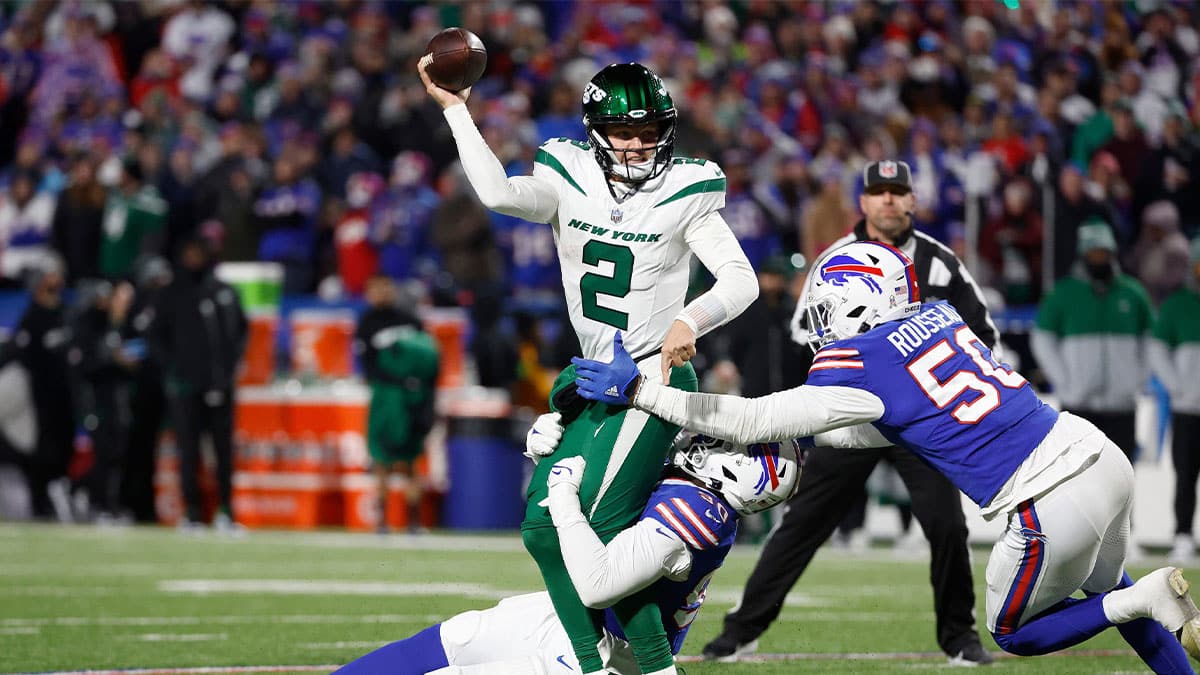 New York Jets quarterback Zach Wilson (2) was sacked 5 times and threw for only 81 yards against a stingy Bills defense