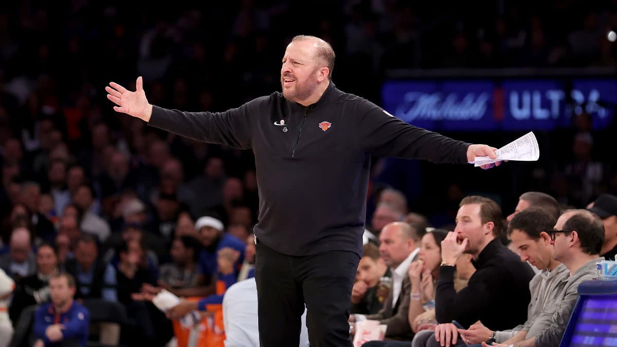 Apr 4, 2024; New York, New York, USA; New York Knicks head coach Tom Thibodeau reacts during the third quarter against the Sacramento Kings at Madison Square Garden. Mandatory Credit: Brad Penner-USA TODAY Sports