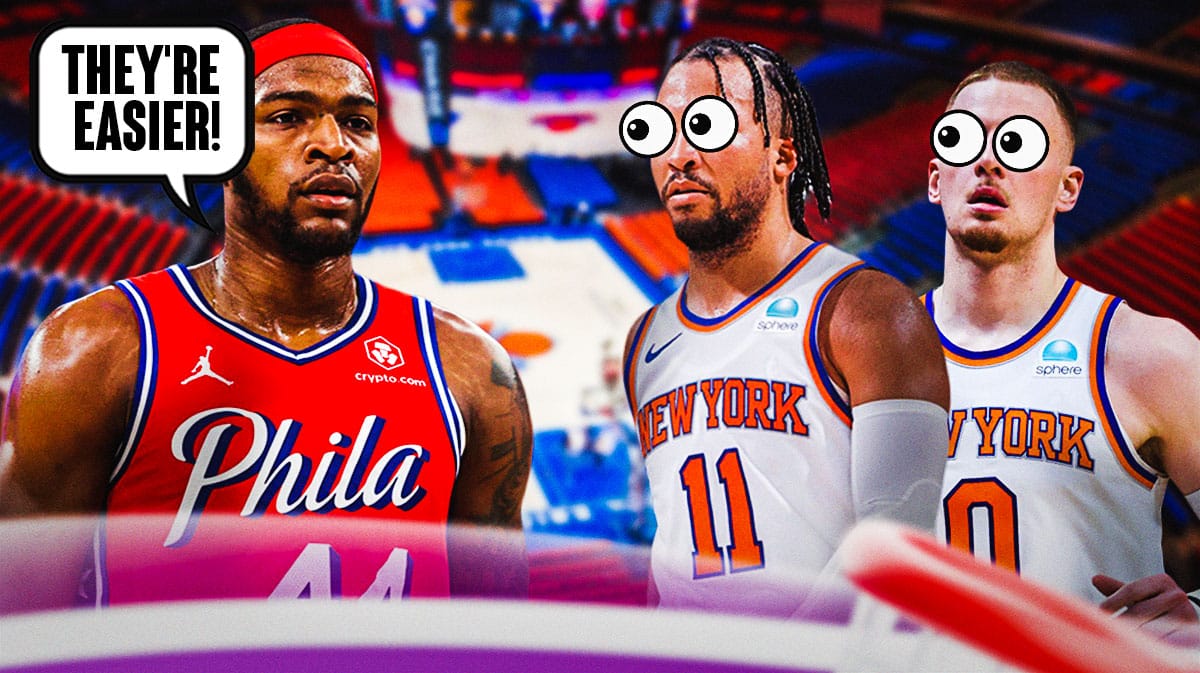 Paul Reed on one side with a speech bubble that says "They're easier!" Jalen Brunson and Donte DiVincenzo on the other side with the big eyes emoji over their faces