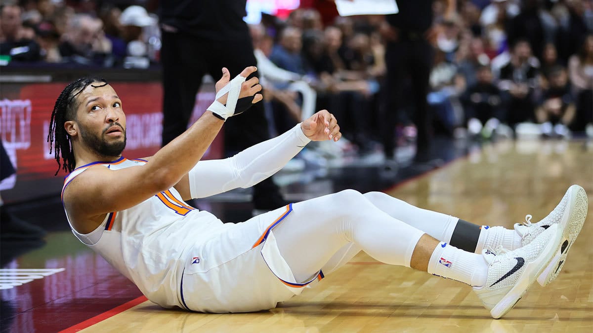 Apr 2, 2024; Miami, Florida, USA; New York Knicks guard Jalen Brunson (11) looks at a referee after taking a shot against the Miami Heat during the second quarter at Kaseya Center. Mandatory Credit: Sam Navarro-USA TODAY Sports