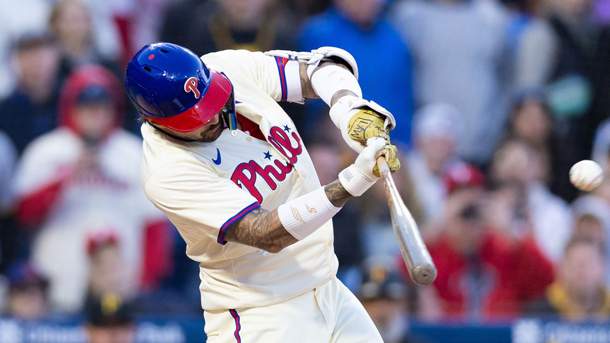 hiladelphia Phillies outfielder Nick Castellanos (8) hits a walk off RBI single during the ninth inning against the Pittsburgh Pirates at Citizens Bank Park.
