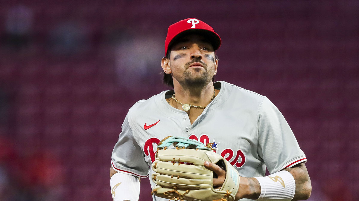 Philadelphia Phillies outfielder Nick Castellanos (8) runs off the field during the seventh inning against the Cincinnati Reds at Great American Ball Park. 