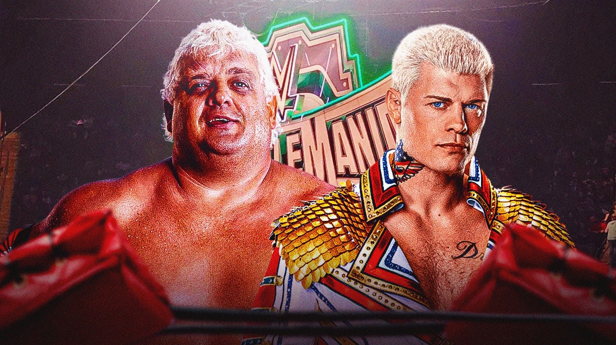 Cody Rhodes and Dusty Rhodes in front of the WrestleMania 40 logo. Steps