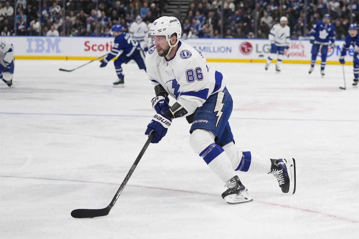 Tampa Bay Lightning forward Nikita Kucherov (86) carries the puck during the third period against the Toronto Maple Leafs at Scotiabank Arena.