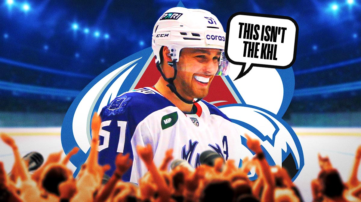 Nikolai Kovalenko in middle of image looking happy with speech bubble: "This isn't the KHL" , Colorado Avalanche logo, hockey rink in background