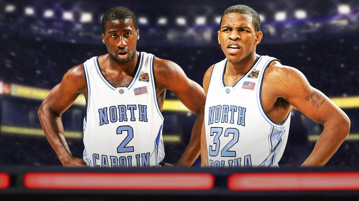Raymond Felton looking at Rashad McCants, both in Tar Heels uniform.